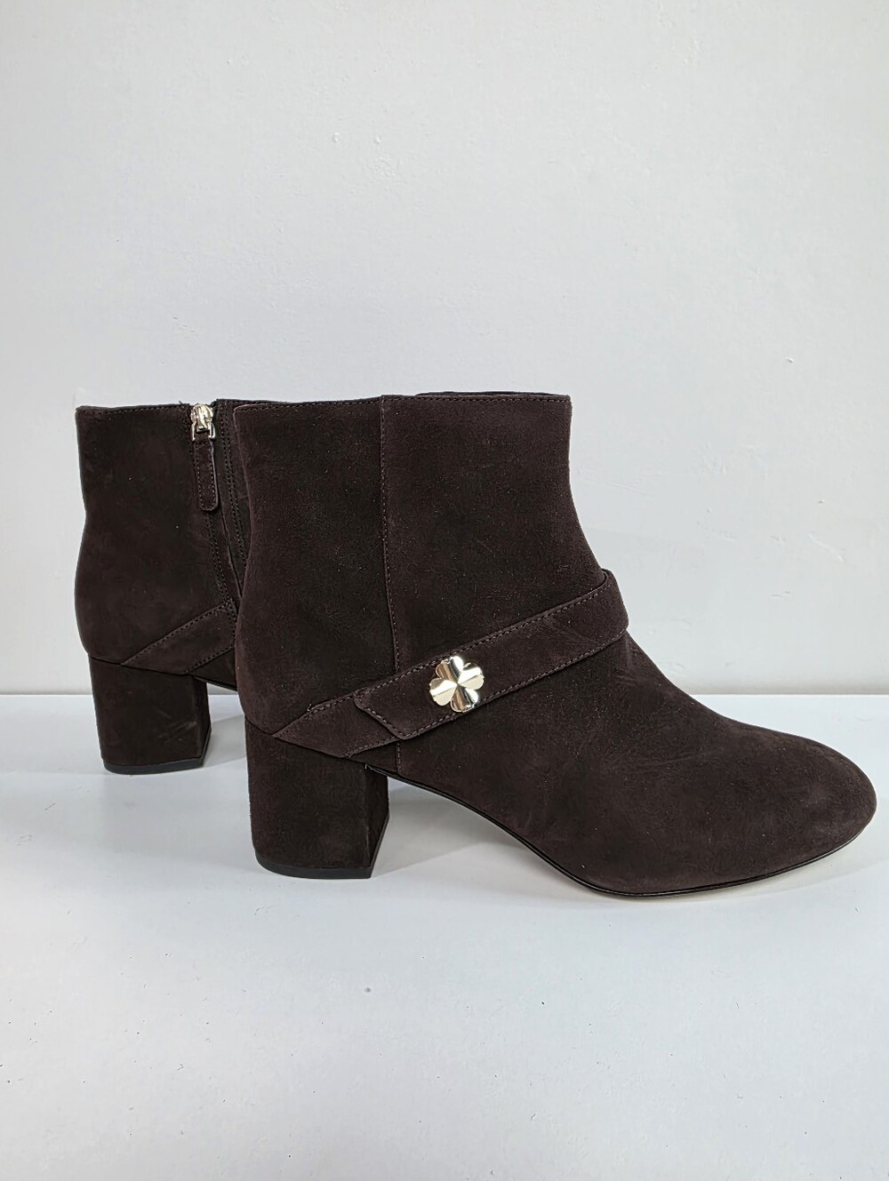 Kate Spade Flower Dark Brown Suede Ankle Boots with Block Heel, Size 9.5 - Picture 3 of 6